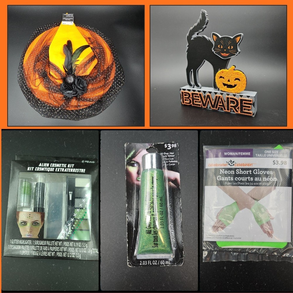 5 Items Green Witch Halloween Accessories: Gloves, Makeup , Hair Glitter and Hat